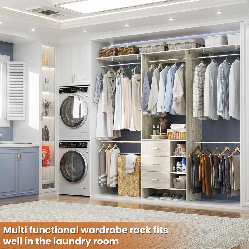 8FT Closet System with 3 Drawers, 3 Shelf Towers and 4 Hanging Rods
