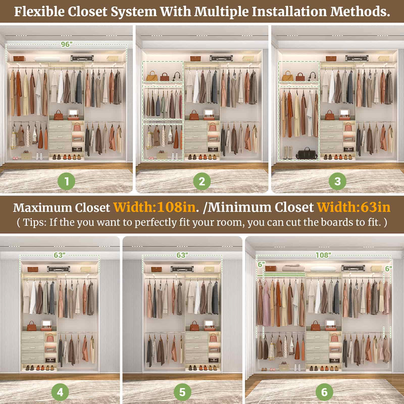 8FT Closet System with 3 Drawers, 3 Shelf Towers and 4 Hanging Rods