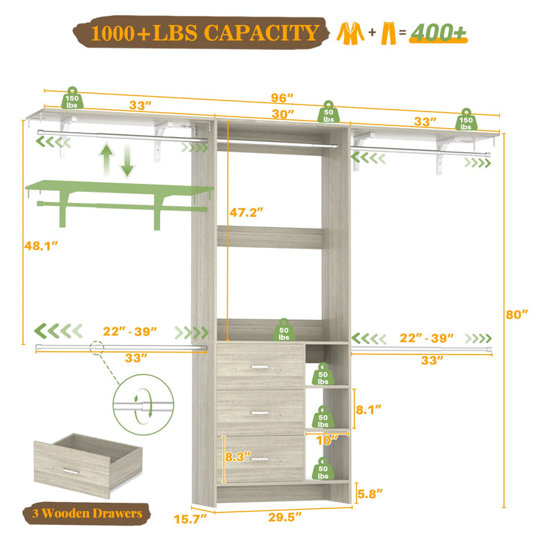 8FT Closet System with 3 Drawers, 3 Shelf Towers and 4 Hanging Rods