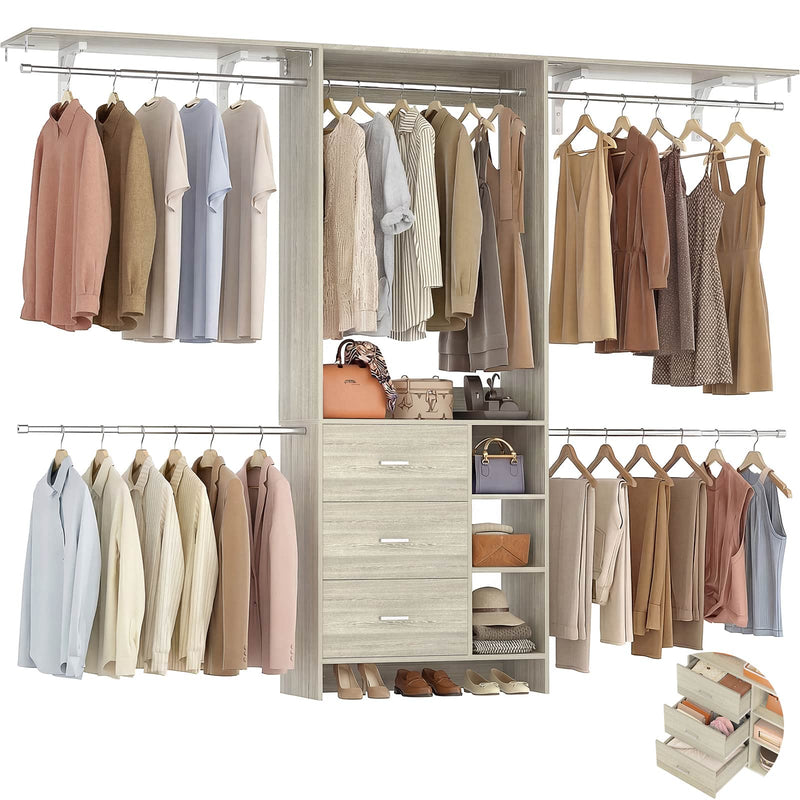 8FT Closet System with 3 Drawers, 3 Shelf Towers and 4 Hanging Rods