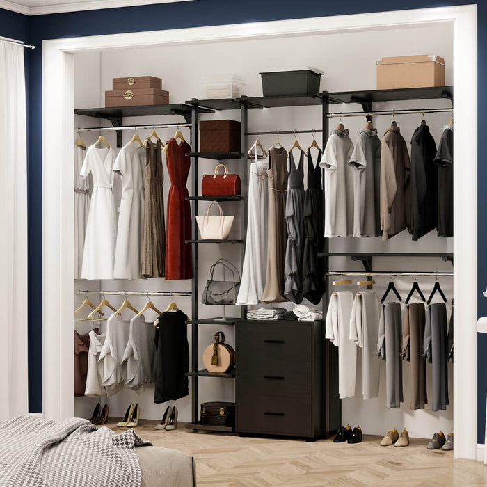 96 Inch Walk-in Wall Mounted Metal Garment Rack Clothing Rack with Drawers