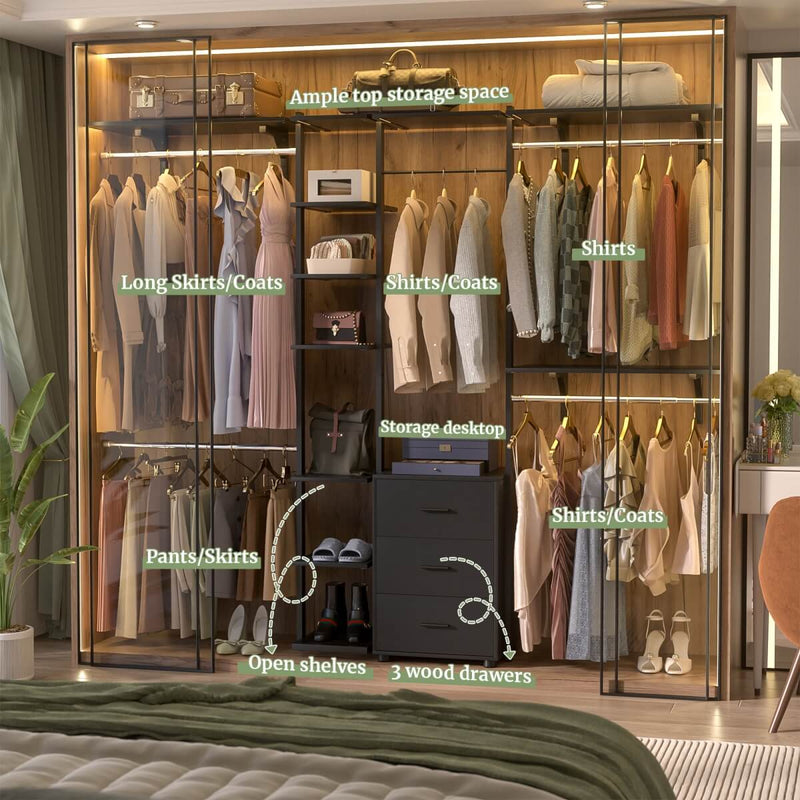 96 Inch Walk-in Wall Mounted Metal Garment Rack Clothing Rack with Drawers