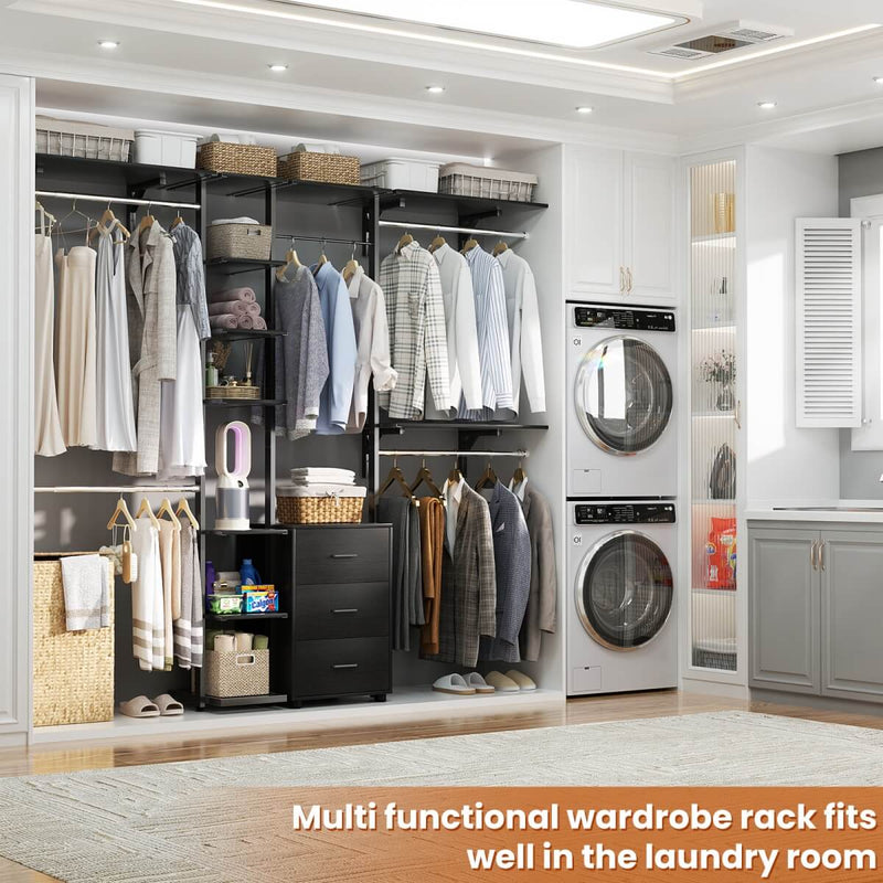 96 Inch Walk-in Wall Mounted Metal Garment Rack Clothing Rack with Drawers