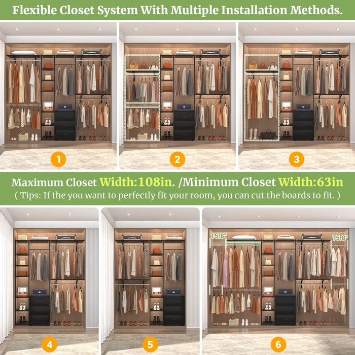 96 Inch Walk-in Wall Mounted Metal Garment Rack Clothing Rack with Drawers
