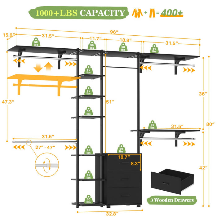 96 Inch Walk-in Wall Mounted Metal Garment Rack Clothing Rack with Drawers