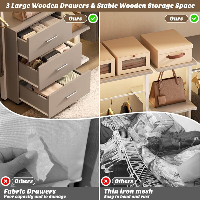 96 Inch Walk-in Wall Mounted Metal Garment Rack Clothing Rack with Drawers