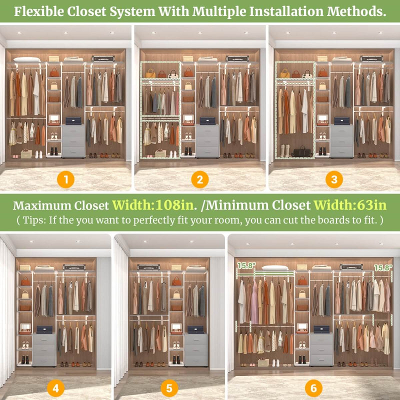 96 Inch Walk-in Wall Mounted Metal Garment Rack Clothing Rack with Drawers