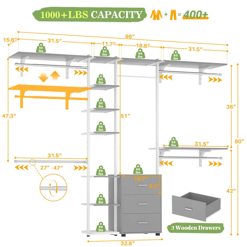 Aheaplus 96 Inch Walk-in Metal Garment Rack Clothing Rack with Drawers