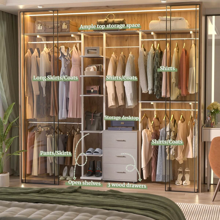 96 Inch Walk-in Wall Mounted Metal Garment Rack Clothing Rack with Drawers