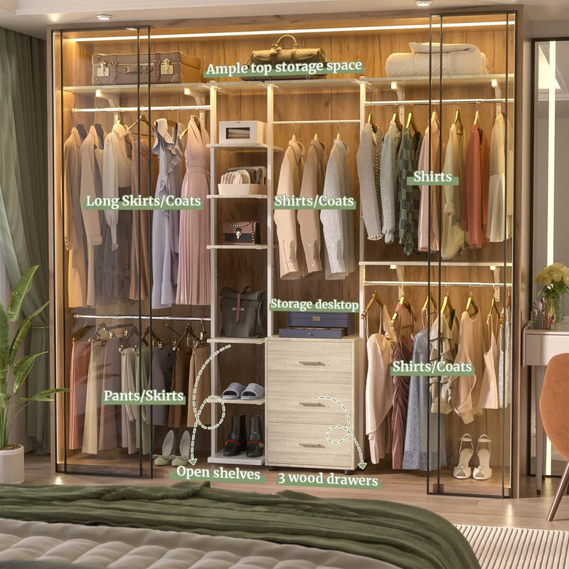 96 Inch Walk-in Wall Mounted Metal Garment Rack Clothing Rack with Drawers