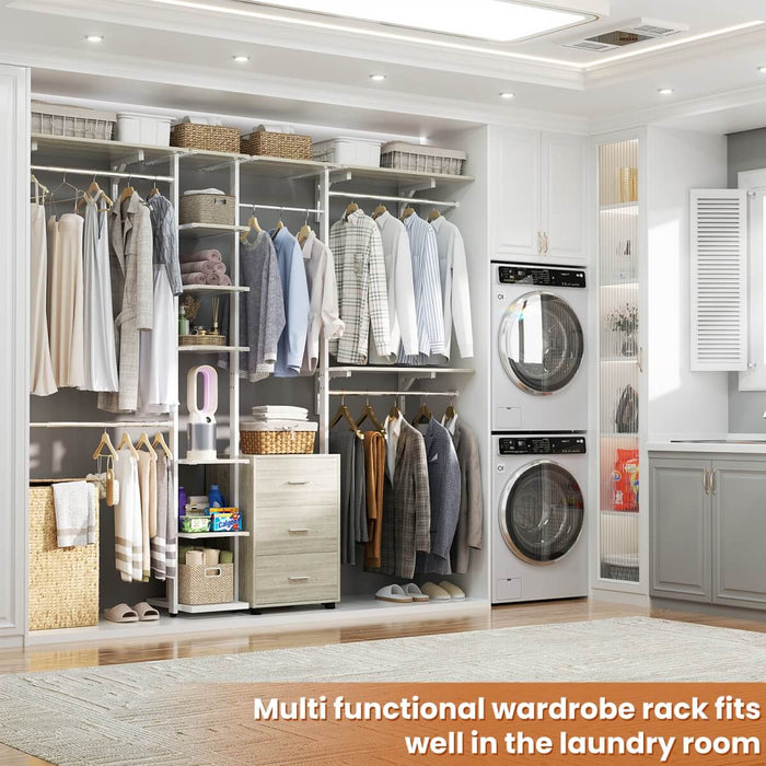 96 Inch Walk-in Wall Mounted Metal Garment Rack Clothing Rack with Drawers