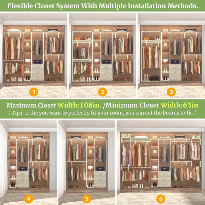 96 Inch Walk-in Wall Mounted Metal Garment Rack Clothing Rack with Drawers