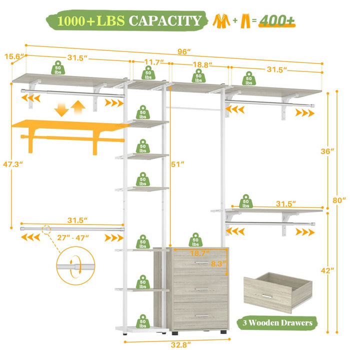 96 Inch Walk-in Wall Mounted Metal Garment Rack Clothing Rack with Drawers