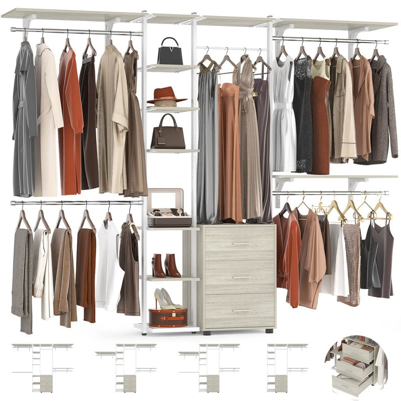 96 Inch Walk-in Wall Mounted Metal Garment Rack Clothing Rack with Drawers