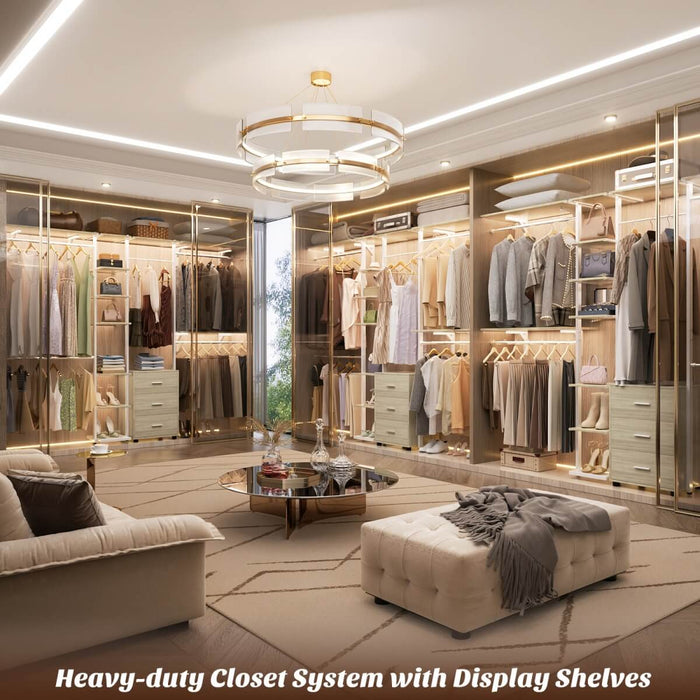 96 Inch Walk-in Wall Mounted Metal Garment Rack Clothing Rack with Drawers