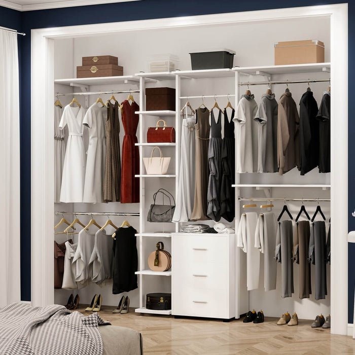 96 Inch Walk-in Wall Mounted Metal Garment Rack Clothing Rack with Drawers