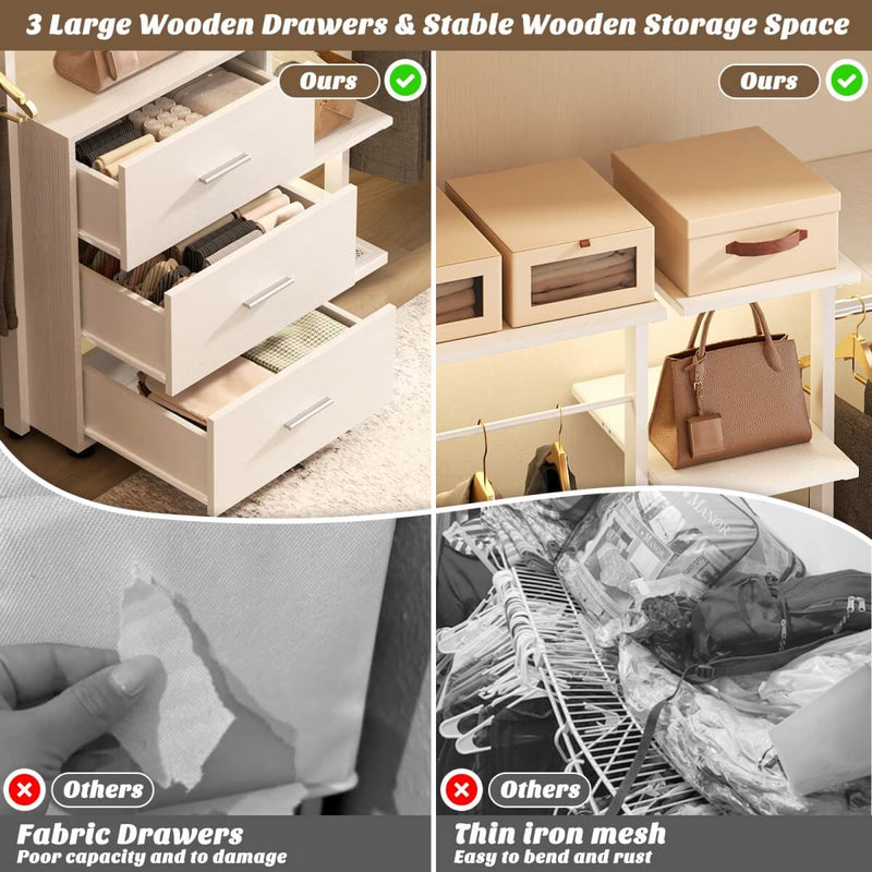 96 Inch Walk-in Wall Mounted Metal Garment Rack Clothing Rack with Drawers