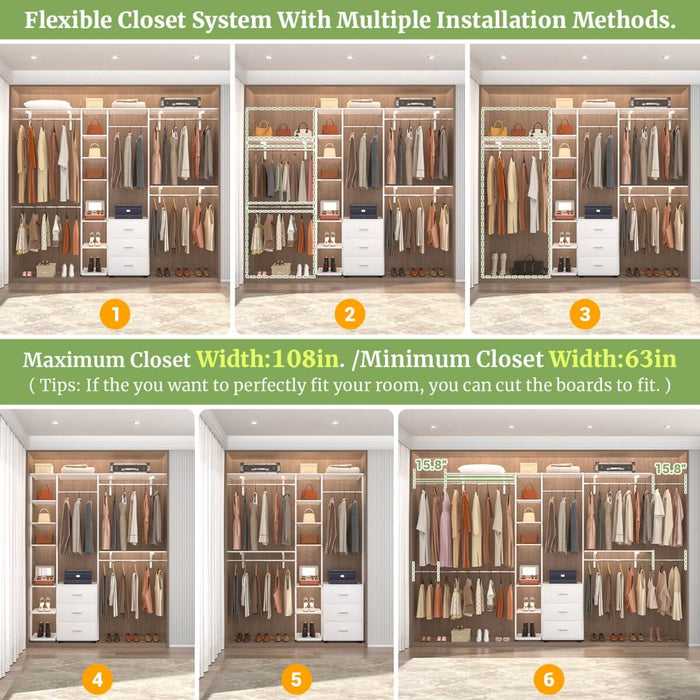 96 Inch Walk-in Wall Mounted Metal Garment Rack Clothing Rack with Drawers