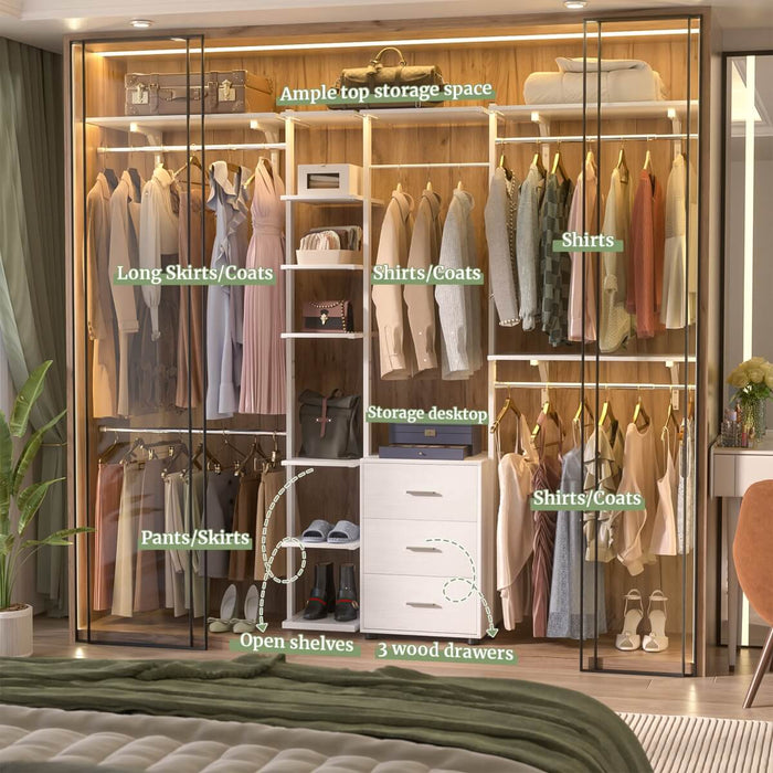 96 Inch Walk-in Wall Mounted Metal Garment Rack Clothing Rack with Drawers