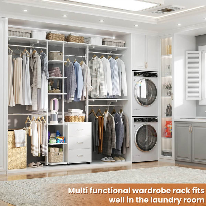 96 Inch Walk-in Wall Mounted Metal Garment Rack Clothing Rack with Drawers