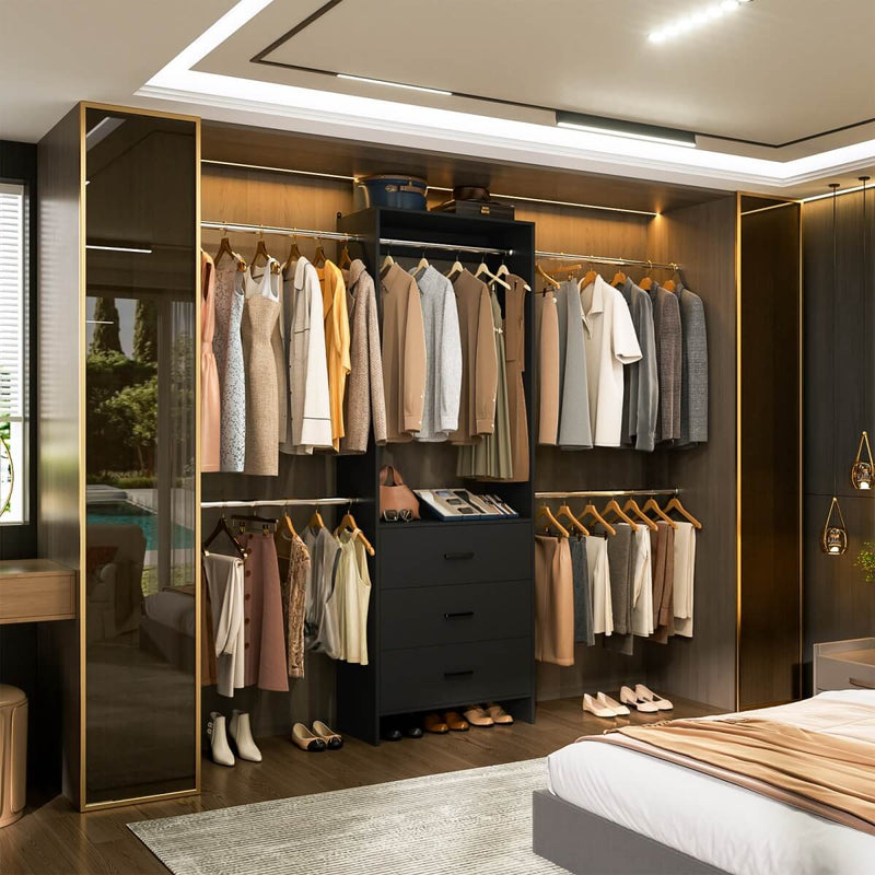 118 Inch Closet System with 3 Drawers & 5 Hanging Rods