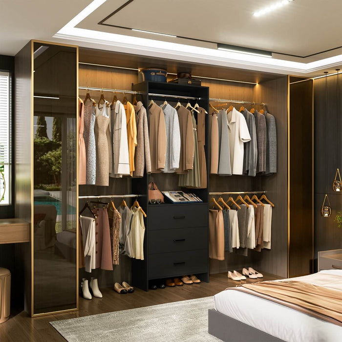 118 Inch Closet System with 3 Drawers & 5 Hanging Rods