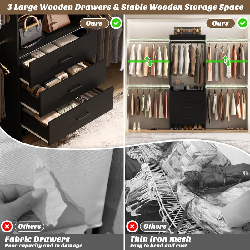 118 Inch Closet System with 3 Drawers & 5 Hanging Rods