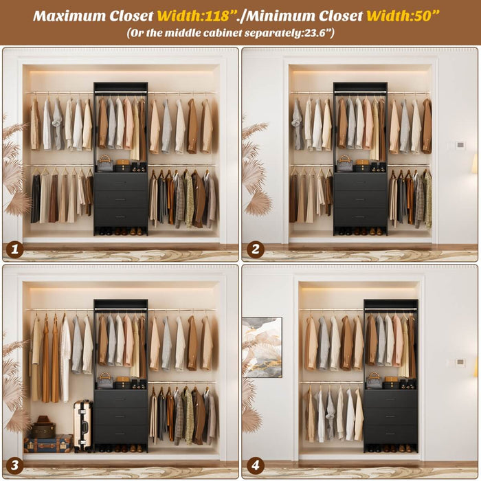 118 Inch Closet System with 3 Drawers & 5 Hanging Rods
