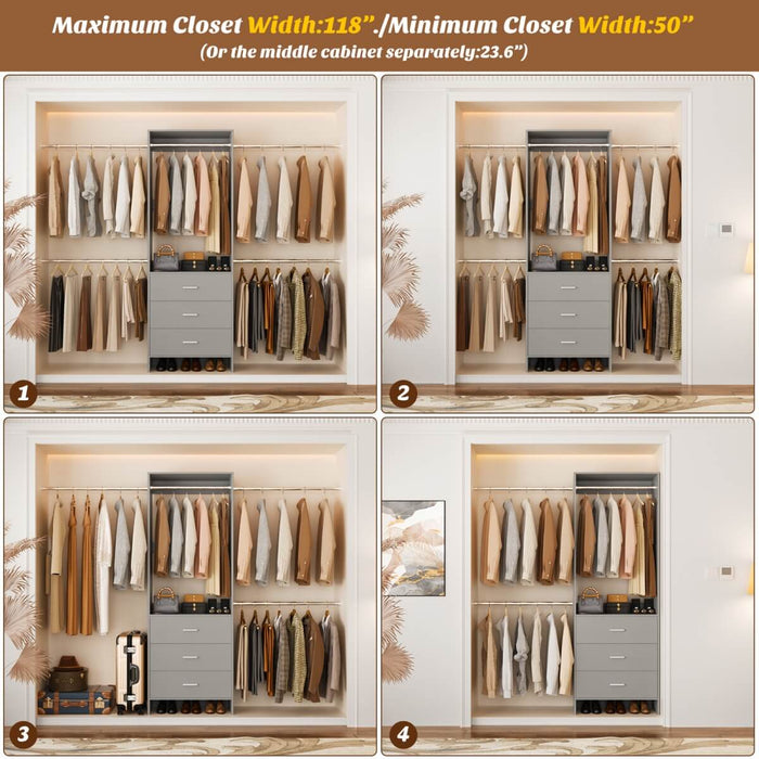 118 Inch Closet System with 3 Drawers & 5 Hanging Rods