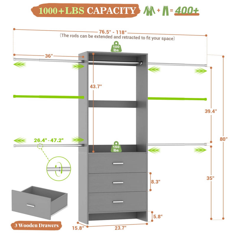 118 Inch Closet System with 3 Drawers & 5 Hanging Rods
