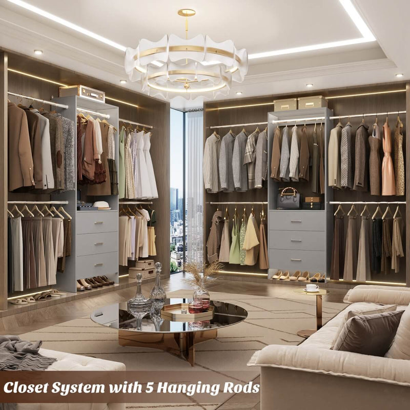 118 Inch Closet System with 3 Drawers & 5 Hanging Rods