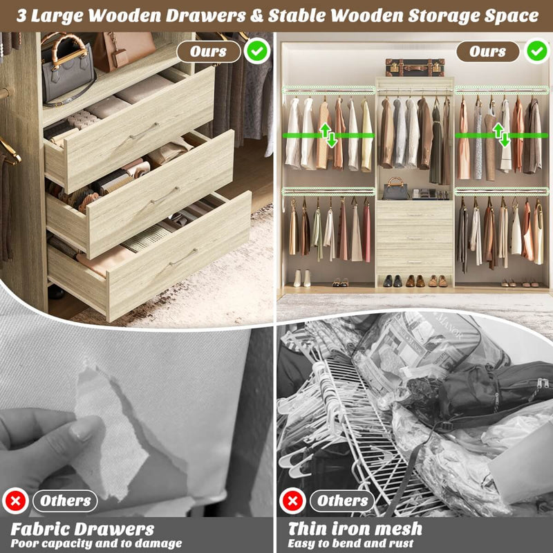 118 Inch Closet System with 3 Drawers & 5 Hanging Rods