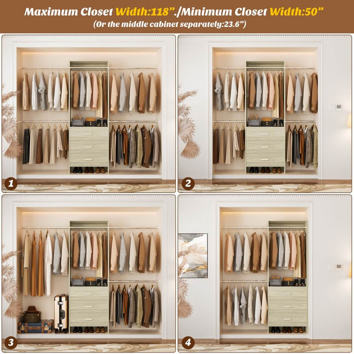 118 Inch Closet System with 3 Drawers & 5 Hanging Rods