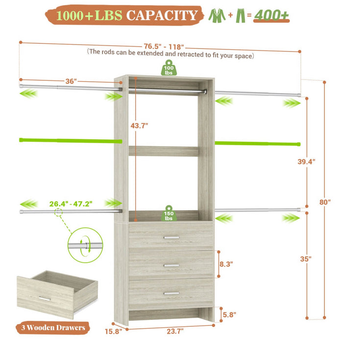 118 Inch Closet System with 3 Drawers & 5 Hanging Rods