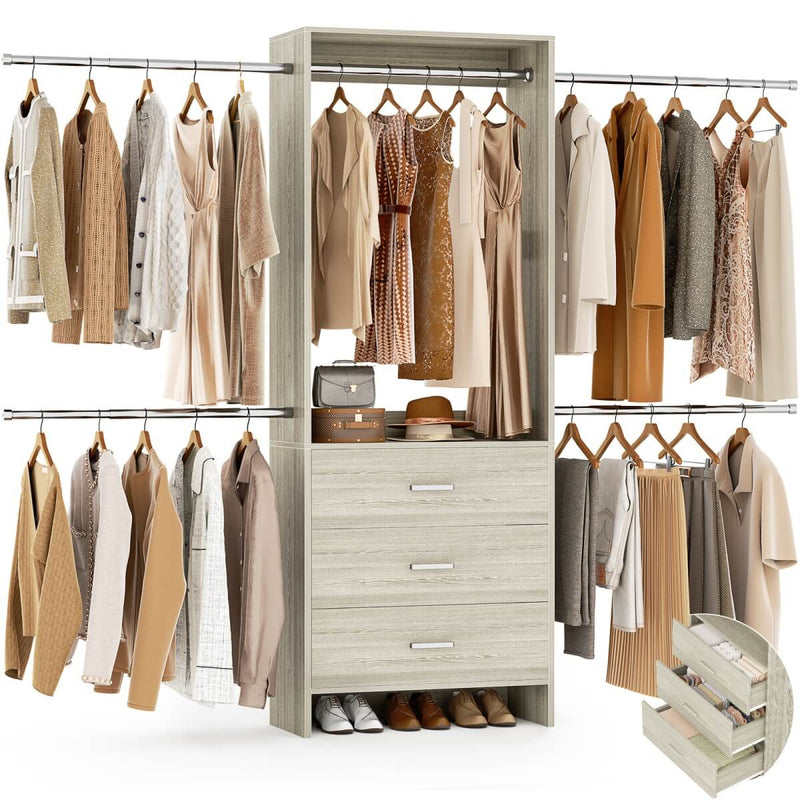 118 Inch Closet System with 3 Drawers & 5 Hanging Rods
