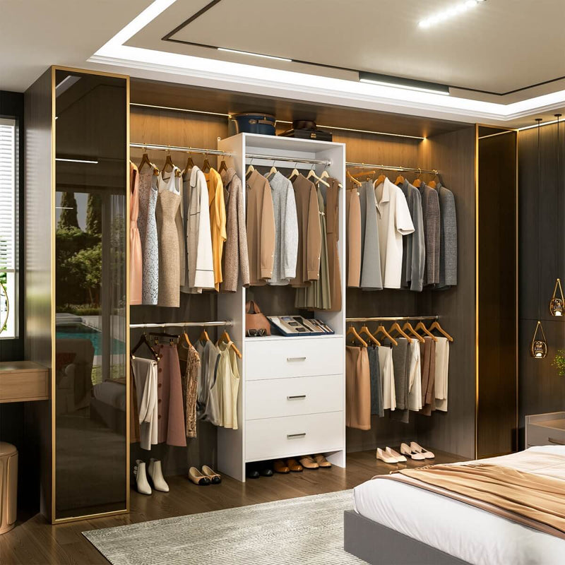 118 Inch Closet System with 3 Drawers & 5 Hanging Rods