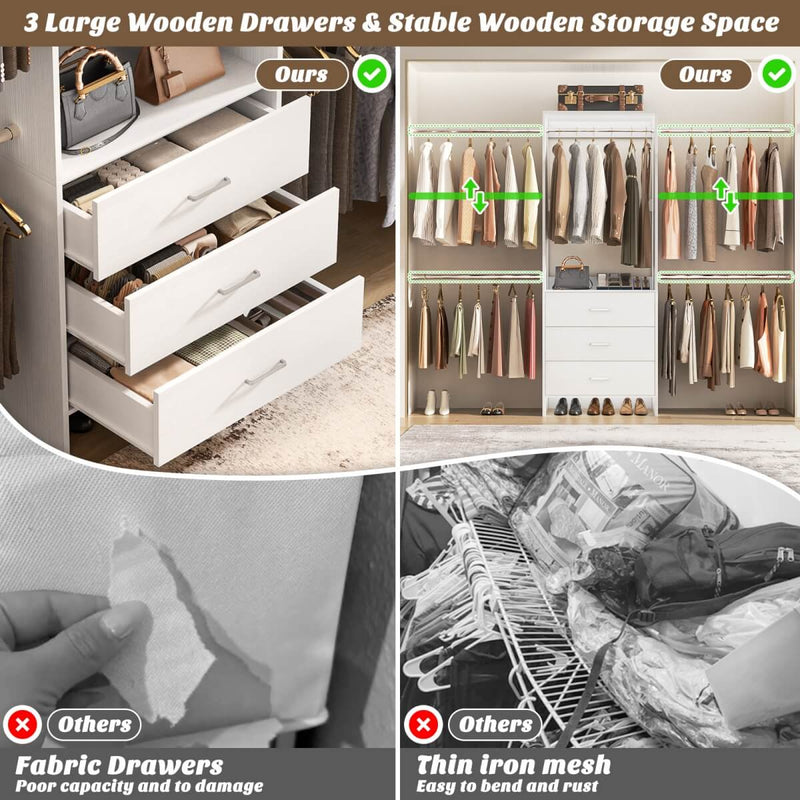 118 Inch Closet System with 3 Drawers & 5 Hanging Rods