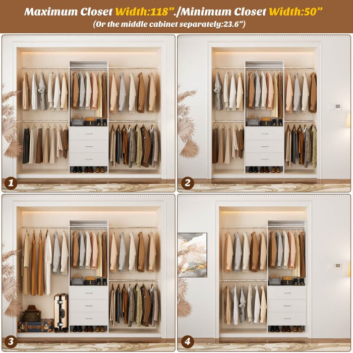 118 Inch Closet System with 3 Drawers & 5 Hanging Rods