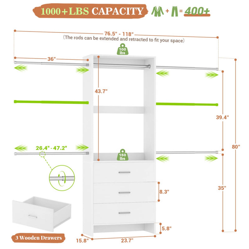 118 Inch Closet System with 3 Drawers & 5 Hanging Rods
