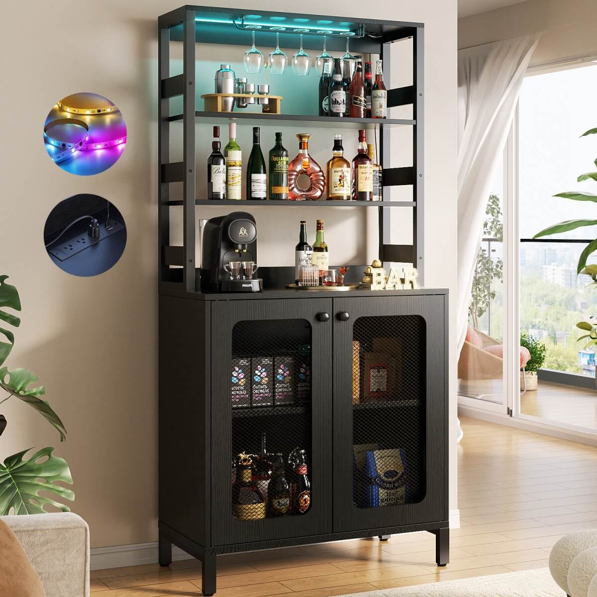 Aheaplus 67'' Bar Cabinet with Power Outlets, LED Lights, and