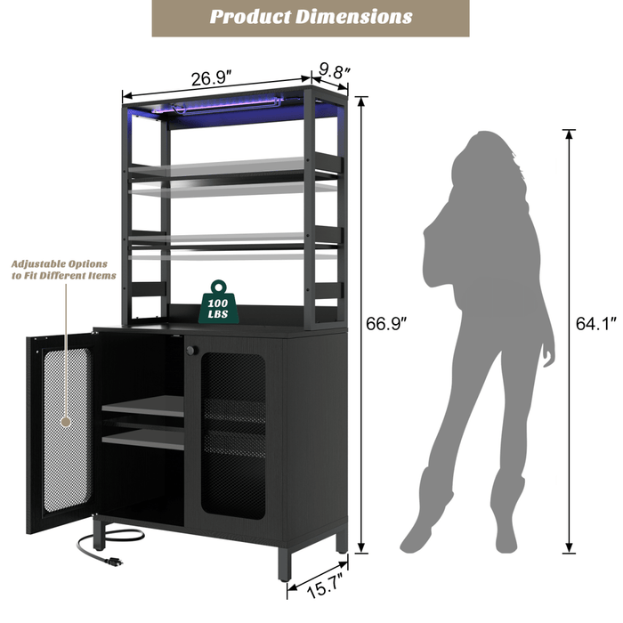 67'' Bar Cabinet with Power Outlets, Tall Wine Bar Cabinet with LED Lights and Glass Holder