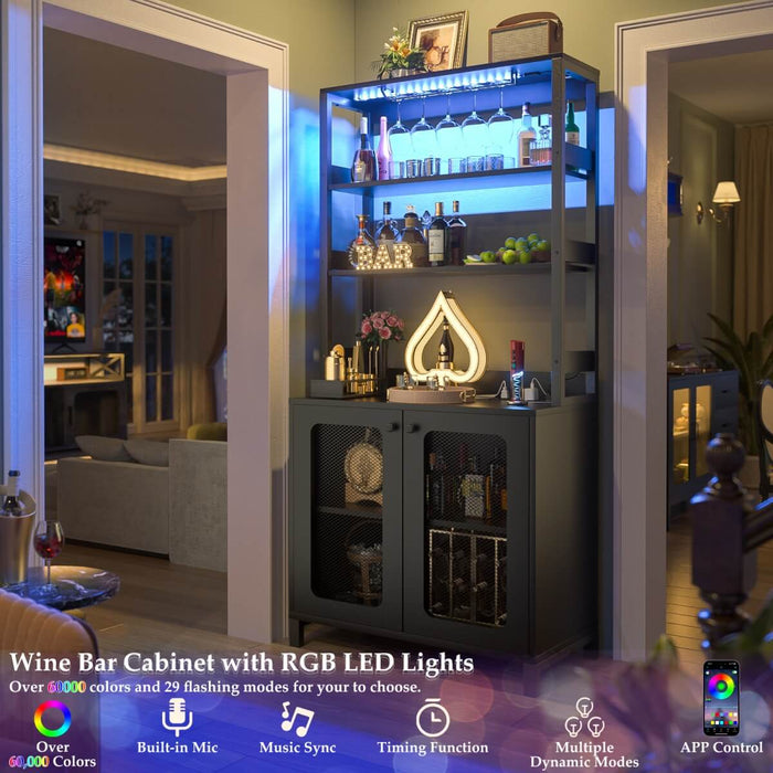 67'' Bar Cabinet with Power Outlets, Tall Wine Bar Cabinet with LED Lights and Glass Holder