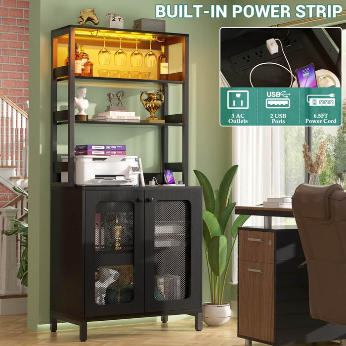 67'' Bar Cabinet with Power Outlets, Tall Wine Bar Cabinet with LED Lights and Glass Holder