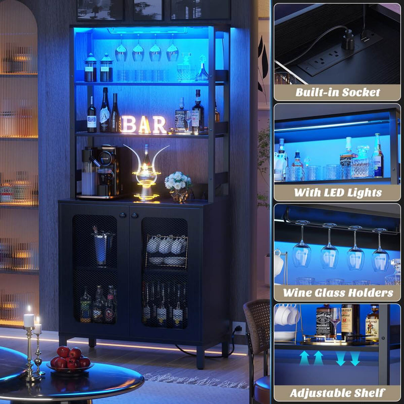 67'' Bar Cabinet with Power Outlets, Tall Wine Bar Cabinet with LED Lights and Glass Holder