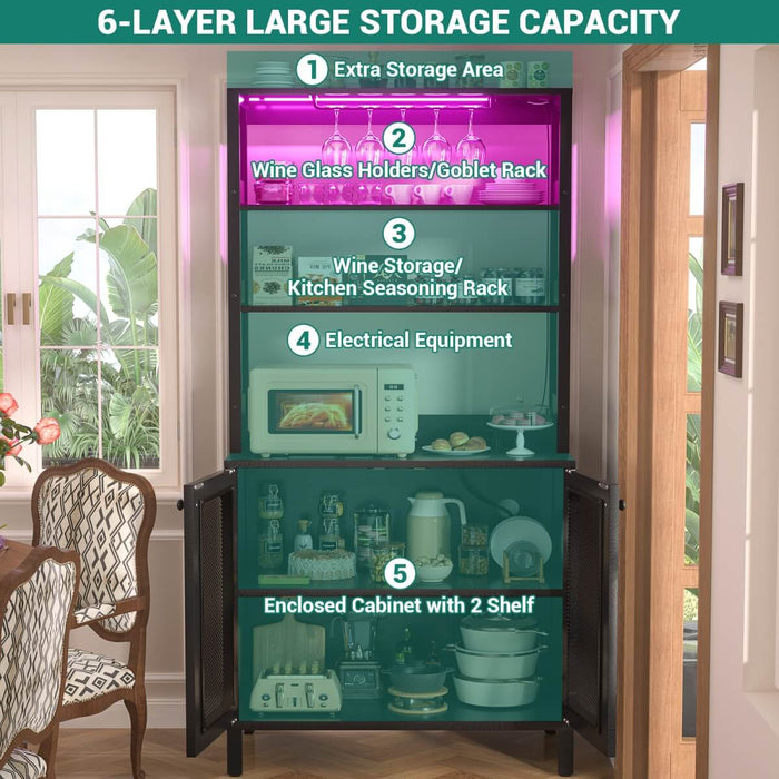 67'' Bar Cabinet with Power Outlets, Tall Wine Bar Cabinet with LED Lights and Glass Holder