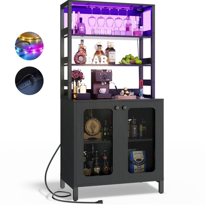 67'' Bar Cabinet with Power Outlets, Tall Wine Bar Cabinet with LED Lights and Glass Holder