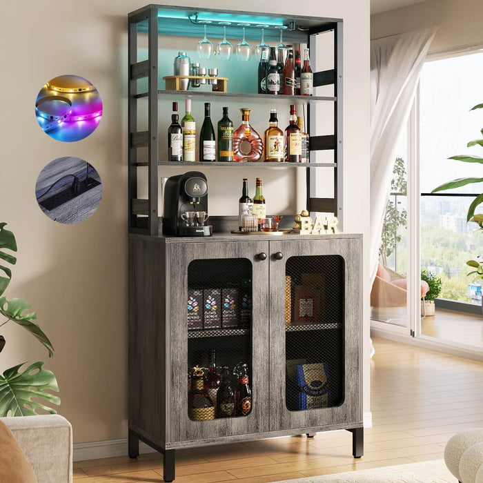 67'' Bar Cabinet with Power Outlets, Tall Wine Bar Cabinet with LED Lights and Glass Holder