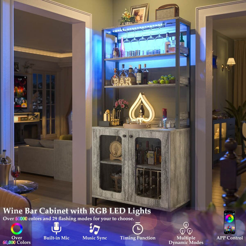 67'' Bar Cabinet with Power Outlets, Tall Wine Bar Cabinet with LED Lights and Glass Holder