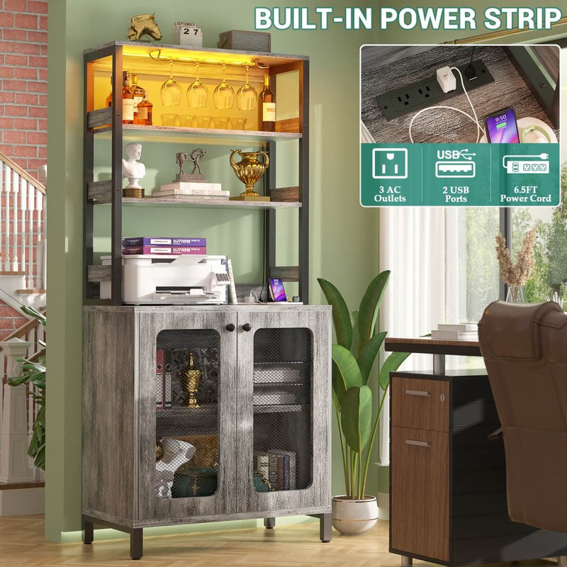 67'' Bar Cabinet with Power Outlets, Tall Wine Bar Cabinet with LED Lights and Glass Holder