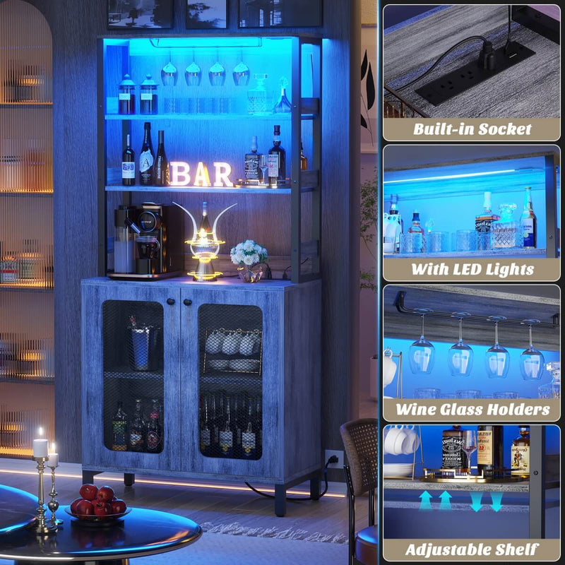 67'' Bar Cabinet with Power Outlets, Tall Wine Bar Cabinet with LED Lights and Glass Holder